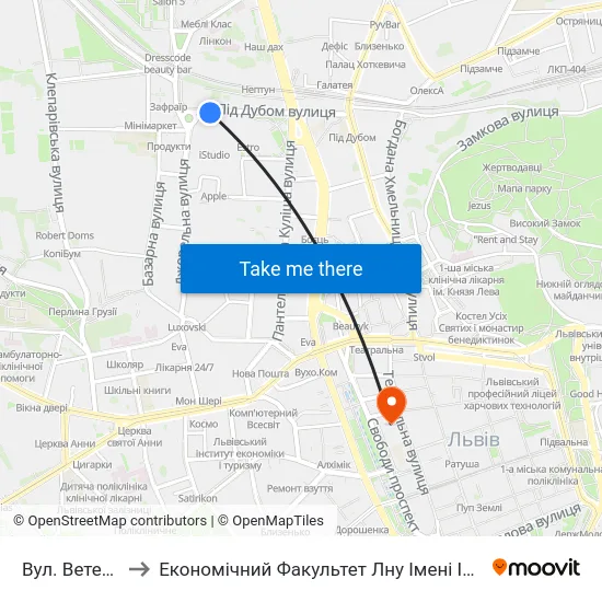 Вул. Ветеранів to Економічний Факультет Лну Імені Івана Франка map