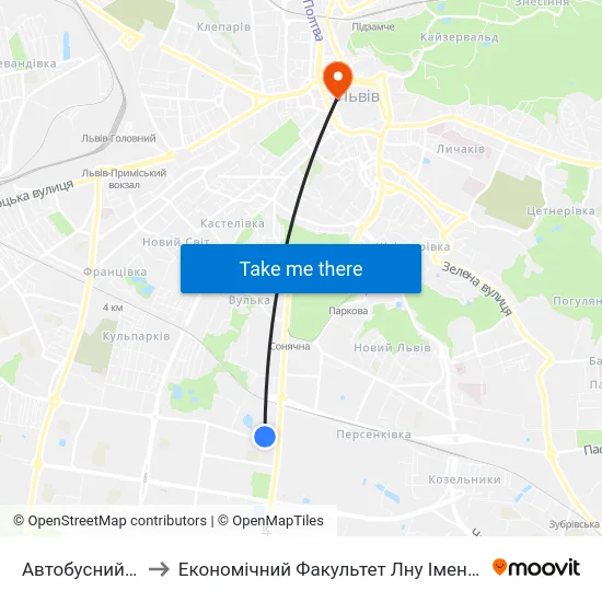 Автобусний Завод to Економічний Факультет Лну Імені Івана Франка map