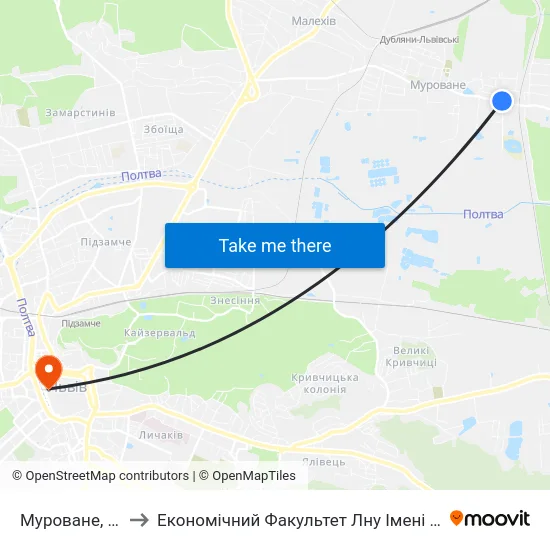 Муроване, Озеро to Економічний Факультет Лну Імені Івана Франка map