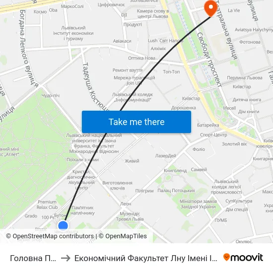 Головна Пошта to Економічний Факультет Лну Імені Івана Франка map