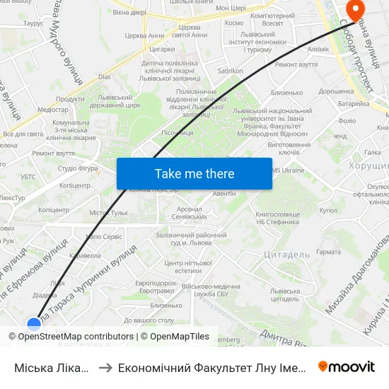 Міська Лікарня №5 to Економічний Факультет Лну Імені Івана Франка map