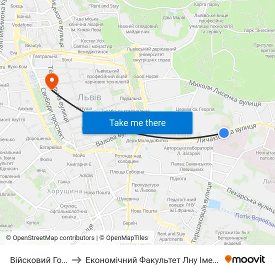 Війсковий Госпіталь to Економічний Факультет Лну Імені Івана Франка map