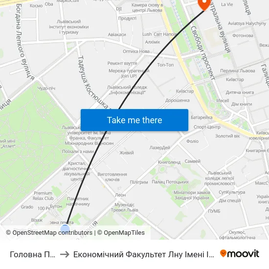Головна Пошта to Економічний Факультет Лну Імені Івана Франка map