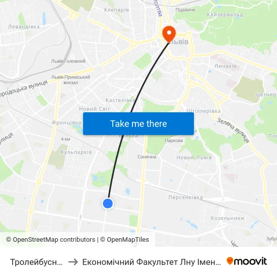 Тролейбусне Депо to Економічний Факультет Лну Імені Івана Франка map