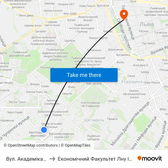 Вул. Академіка Сахарова to Економічний Факультет Лну Імені Івана Франка map