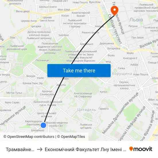 Трамвайне Депо to Економічний Факультет Лну Імені Івана Франка map