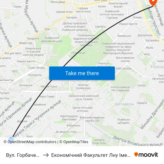 Вул. Горбачевського to Економічний Факультет Лну Імені Івана Франка map