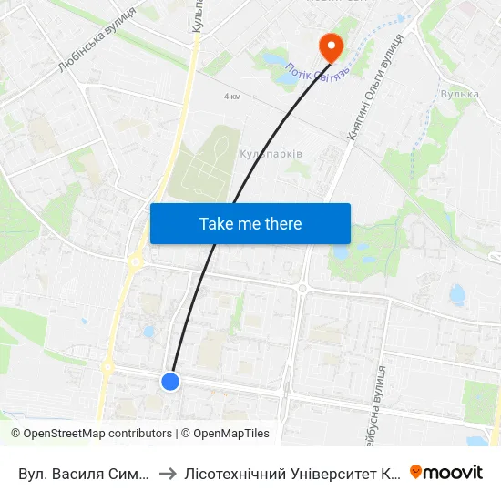 Вул. Василя Симоненка to Лісотехнічний Університет Корпус № 1 map