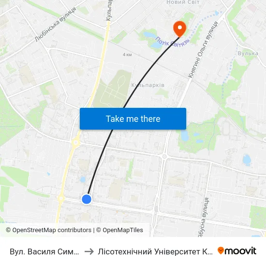 Вул. Василя Симоненка to Лісотехнічний Університет Корпус № 1 map