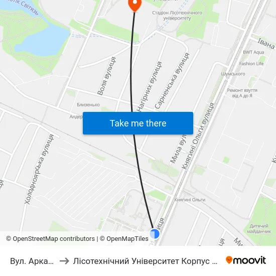 Вул. Аркаса to Лісотехнічний Університет Корпус № 1 map