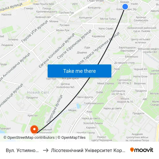 Вул. Устияновича to Лісотехнічний Університет Корпус № 1 map
