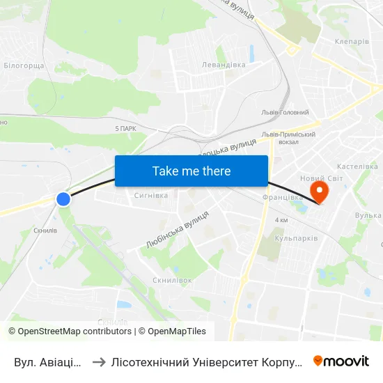 Вул. Авіаційна to Лісотехнічний Університет Корпус № 1 map