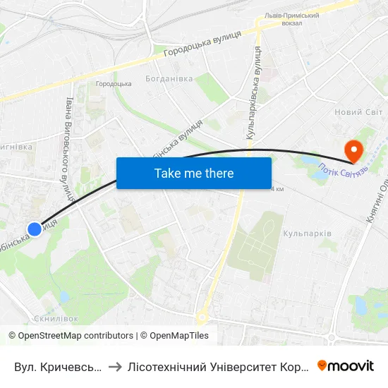 Вул. Кричевського to Лісотехнічний Університет Корпус № 1 map