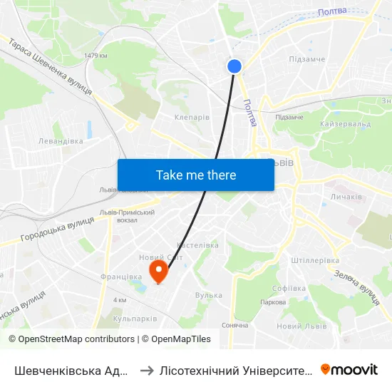 Шевченківська Адміністрація to Лісотехнічний Університет Корпус № 1 map
