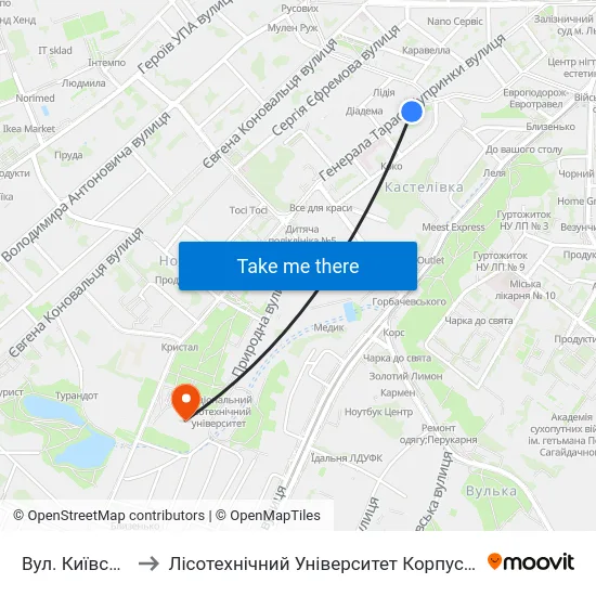 Вул. Київська to Лісотехнічний Університет Корпус № 1 map
