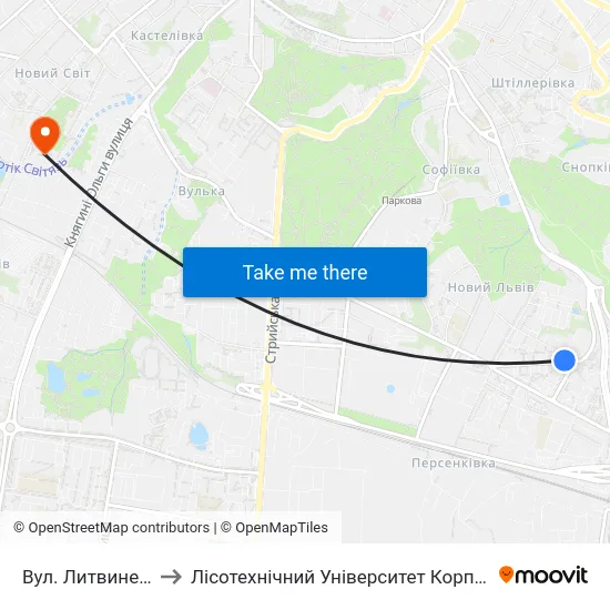 Вул. Литвиненка to Лісотехнічний Університет Корпус № 1 map