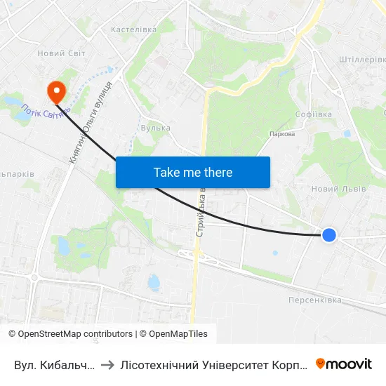 Вул. Кибальчича to Лісотехнічний Університет Корпус № 1 map