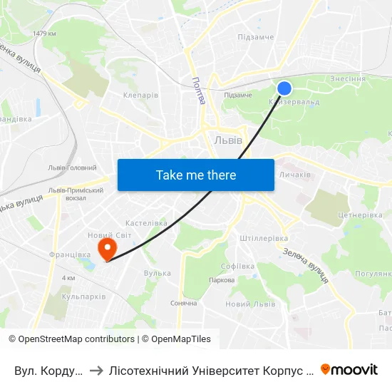 Вул. Кордуби to Лісотехнічний Університет Корпус № 1 map