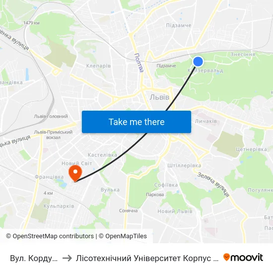 Вул. Кордуби to Лісотехнічний Університет Корпус № 1 map