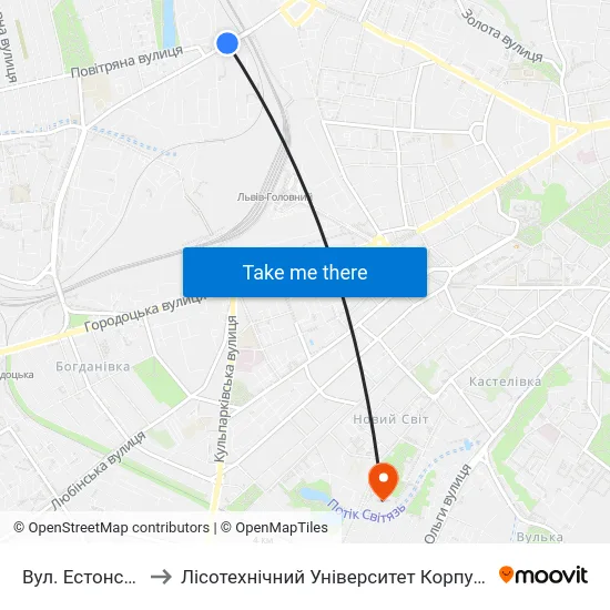 Вул. Естонська to Лісотехнічний Університет Корпус № 1 map