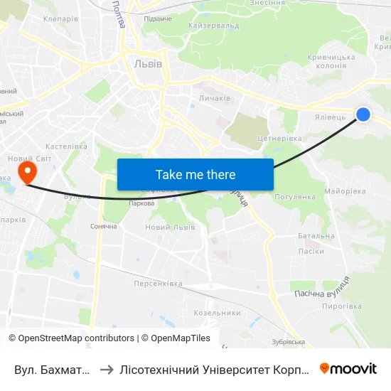 Вул. Бахматюка to Лісотехнічний Університет Корпус № 1 map