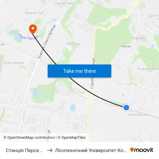 Станція Персенківка to Лісотехнічний Університет Корпус № 1 map