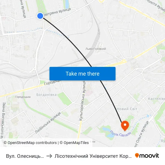 Вул. Олесницького to Лісотехнічний Університет Корпус № 1 map