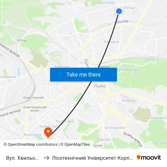 Вул. Хвильового to Лісотехнічний Університет Корпус № 1 map