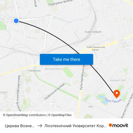 Церква Вознесіння to Лісотехнічний Університет Корпус № 1 map