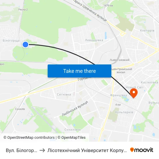 Вул. Білогорща to Лісотехнічний Університет Корпус № 1 map