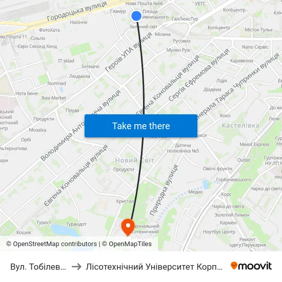 Вул. Тобілевича to Лісотехнічний Університет Корпус № 1 map
