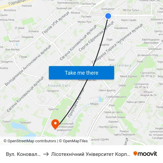 Вул. Коновальця to Лісотехнічний Університет Корпус № 1 map