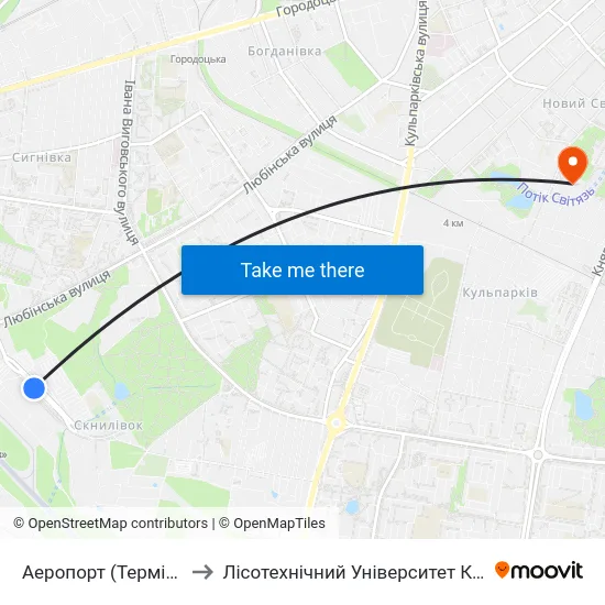 Аеропорт (Термінал "А") to Лісотехнічний Університет Корпус № 1 map