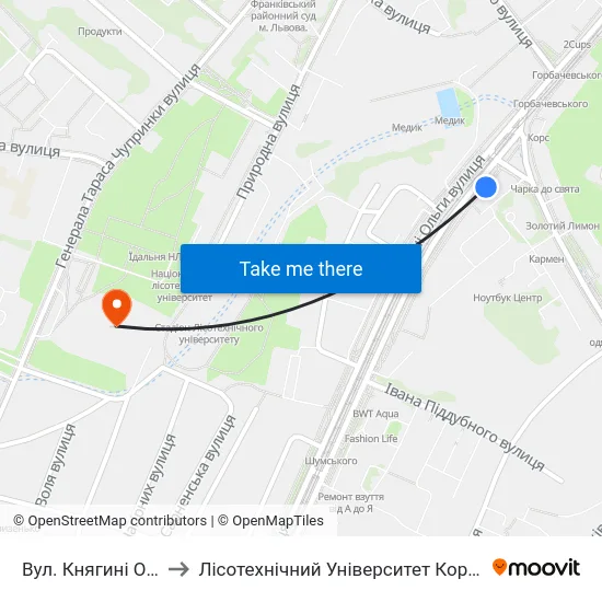 Вул. Княгині Ольги to Лісотехнічний Університет Корпус № 1 map