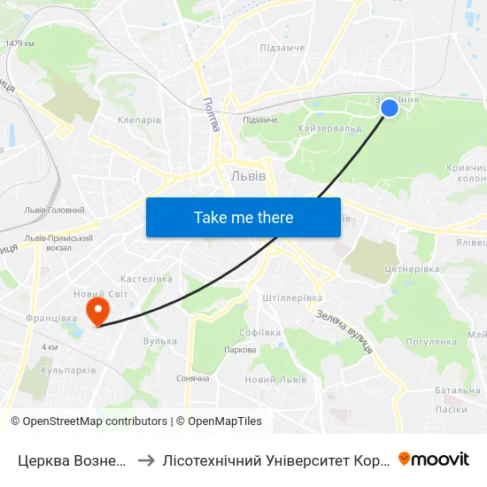 Церква Вознесіння to Лісотехнічний Університет Корпус № 1 map