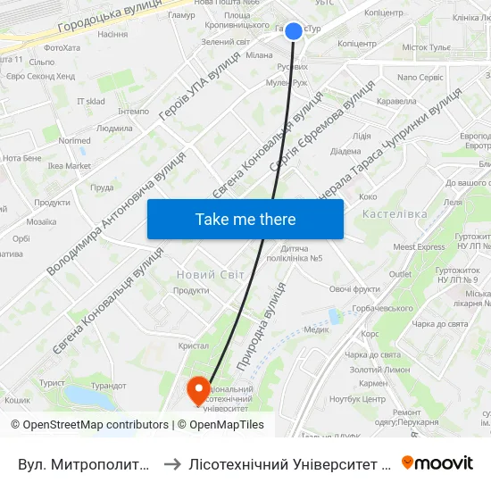 Вул. Митрополита Андрея to Лісотехнічний Університет Корпус № 1 map