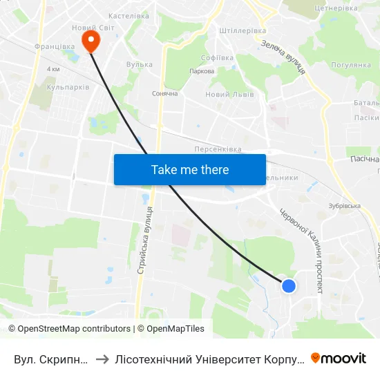 Вул. Скрипника to Лісотехнічний Університет Корпус № 1 map