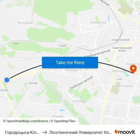 Городоцька-Кільцева to Лісотехнічний Університет Корпус № 1 map
