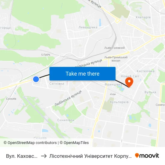 Вул. Каховська to Лісотехнічний Університет Корпус № 1 map