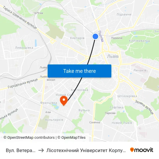 Вул. Ветеранів to Лісотехнічний Університет Корпус № 1 map