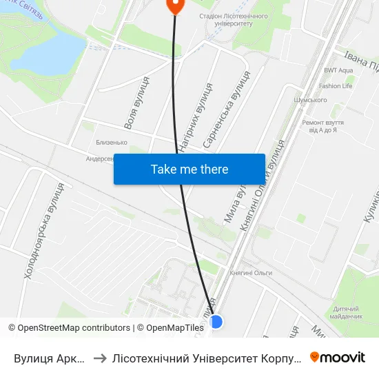 Вулиця Аркаса to Лісотехнічний Університет Корпус № 1 map