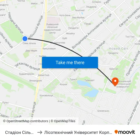 Стадіон Сільмаш to Лісотехнічний Університет Корпус № 1 map