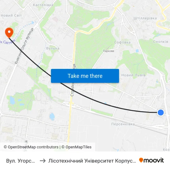 Вул. Угорська to Лісотехнічний Університет Корпус № 1 map