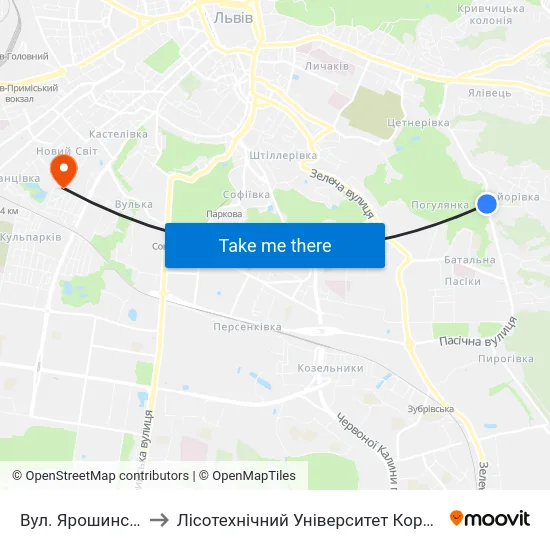 Вул. Ярошинської to Лісотехнічний Університет Корпус № 1 map