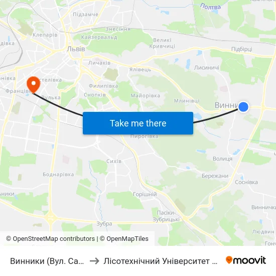 Винники (Вул. Сахарова) to Лісотехнічний Університет Корпус № 1 map