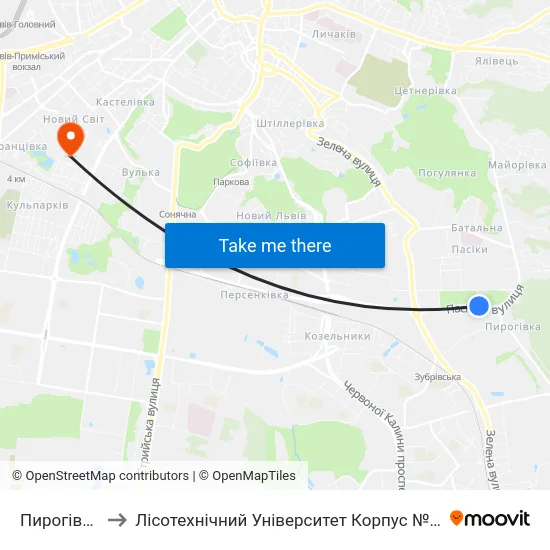 Пирогівка to Лісотехнічний Університет Корпус № 1 map