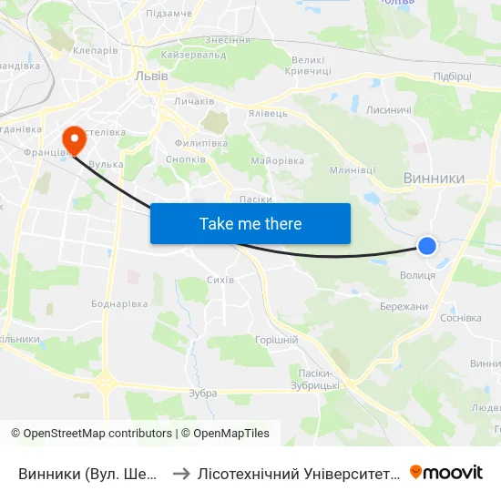 Винники (Вул. Шептицьких) to Лісотехнічний Університет Корпус № 1 map