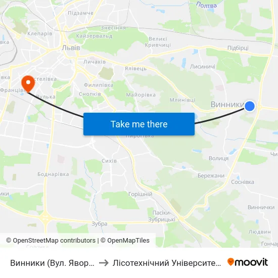 Винники (Вул. Яворницького) to Лісотехнічний Університет Корпус № 1 map