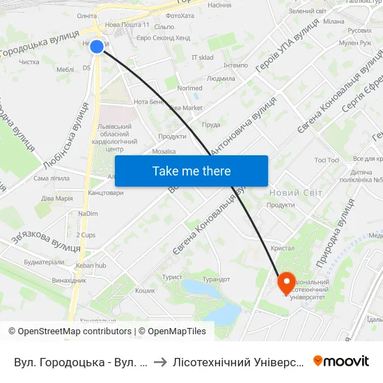 Вул. Городоцька - Вул. Кульпарківська to Лісотехнічний Університет Корпус № 1 map