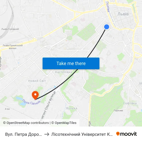 Вул. Петра Дорошенка to Лісотехнічний Університет Корпус № 1 map